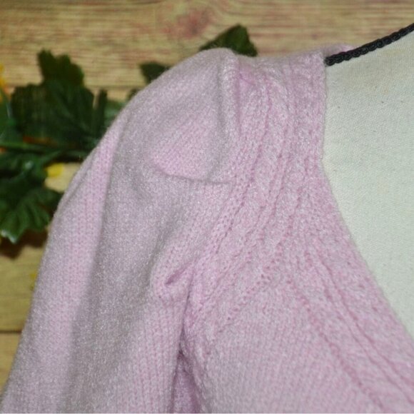 & Merci Ladies Pink Cropped Sweater L V-Neck Puff Sleeve Casual Cottage Core - Picture 3 of 9